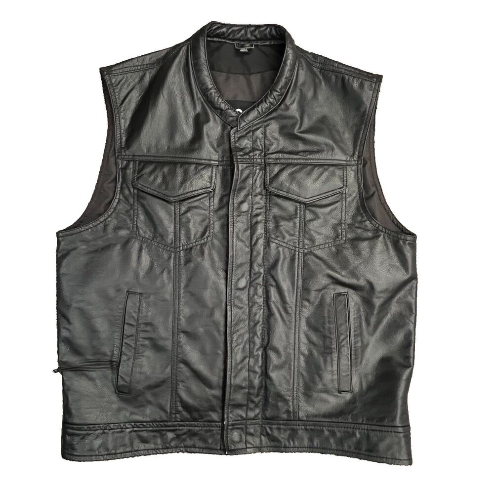 Viking Cycle Leather Motorcycle Club Style Vest Black Mens Size MED Pockets Zip
